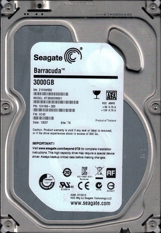 ST3000DM001 P/N: 1CH166-300 F/W: CC43 TK Z1F Seagate 3TB Desktop Hard Drive