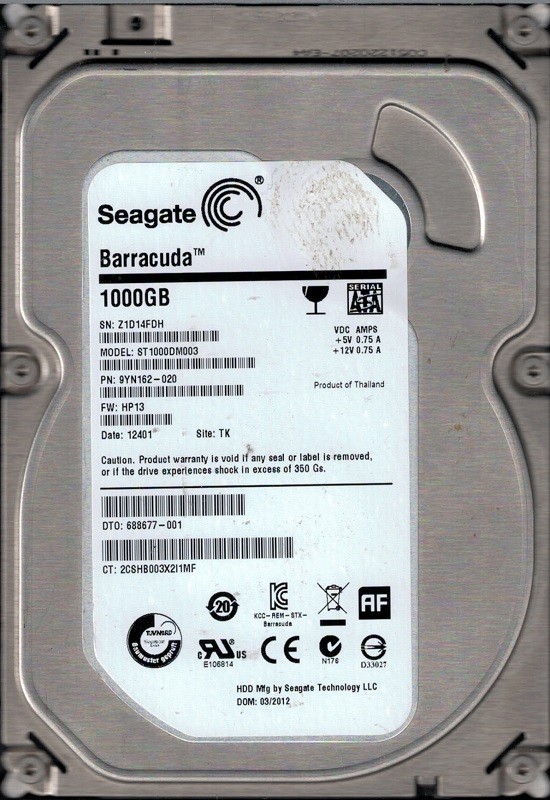 Seagate ST1000DM003 P/N: 9YN162-020 F/W: HP13 TK Z1D 1TB