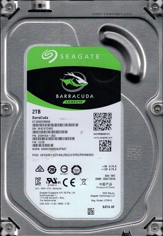 ST2000DM006 P/N: 2DM164-302 F/W: CC26 WU W4Z Seagate Barracuda 2TB