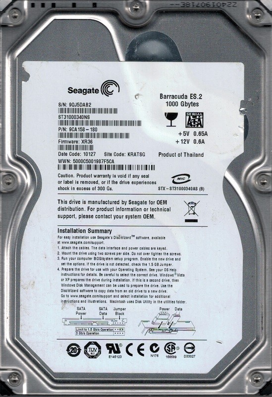 Seagate ST31000340NS F/W: XR36 P/N: 9CA158-180 KRATSG 9QJ 1TB