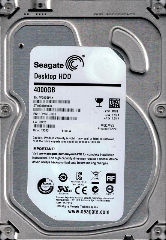 Seagate ST4000DM000 P/N: 1F2168-300 F/W: CC52 4TB WU W30 Desktop HDD