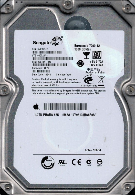 Seagate ST31000528AS MAC 655-1565A P/N: 9SL154-040 F/W: AP24 WU 5VP