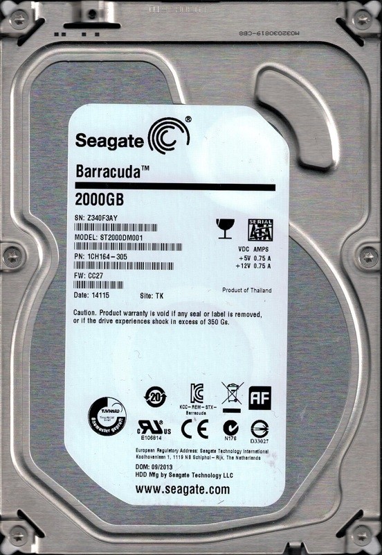 ST2000DM001 P/N: 1CH164-305 F/W: CC27 TK Z34 Seagate Barracuda 2TB