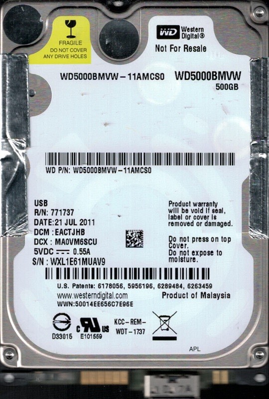 Western Digital WD5000BMVW-11AMCS0 USB 3.0 500GB DCM: EACTJHB