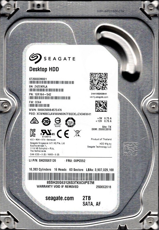 ST2000DM001 P/N: 1ER164-542 F/W: CC64 TK Z4Z Seagate 2TB