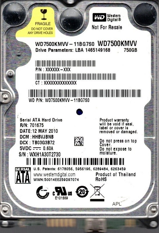 Western Digital WD7500KMVV-11BG7S0  DCM: HHBVJBNB WXH1A USB 2.0 750GB