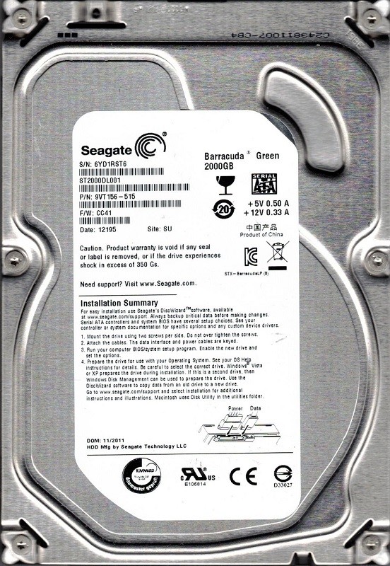 ST2000DL001 F/W: CC41 P/N: 9VT156-515 SU 6YD 2TB Seagate Barracuda Green