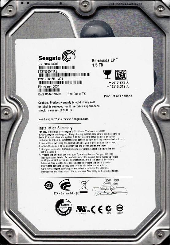 Seagate ST31500541AS P/N: 9TN15R-301 F/W: CC34 1.5TB TK 9XW