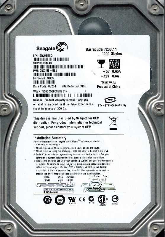Seagate ST31000340AS P/N: 9BX158-568 F/W: SD35 1TB WUXISG