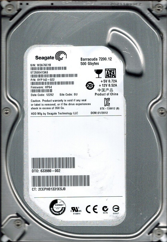 Seagate ST3500413AS P/N: 9YP142-022 F/W: HP64 SU 500GB