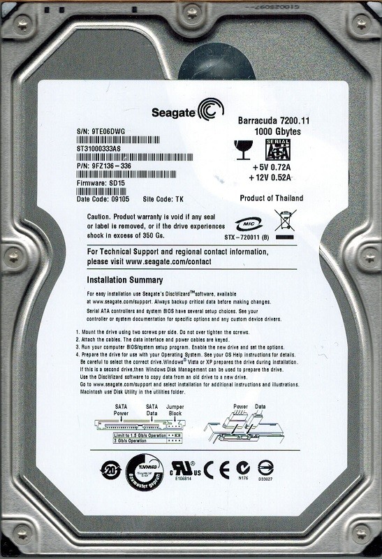 Seagate ST31000333AS P/N: 9FZ136-336 F/W: SD15 1TB TK