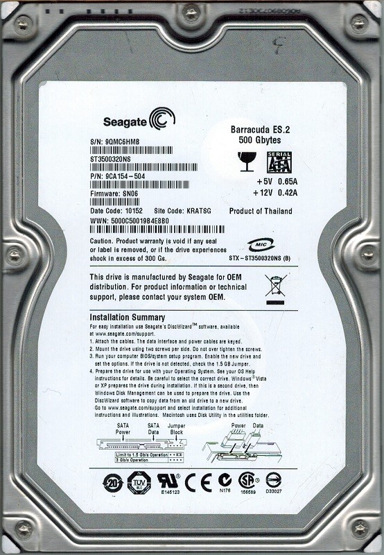 Seagate ST3500320NS P/N: 9CA154-504 F/W: SN06 500GB KRATSG