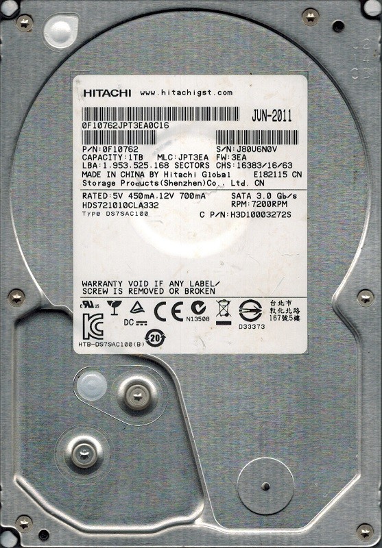 Hitachi HDS721010CLA332 MLC: JPT3EA P/N: 0F10762 1TB