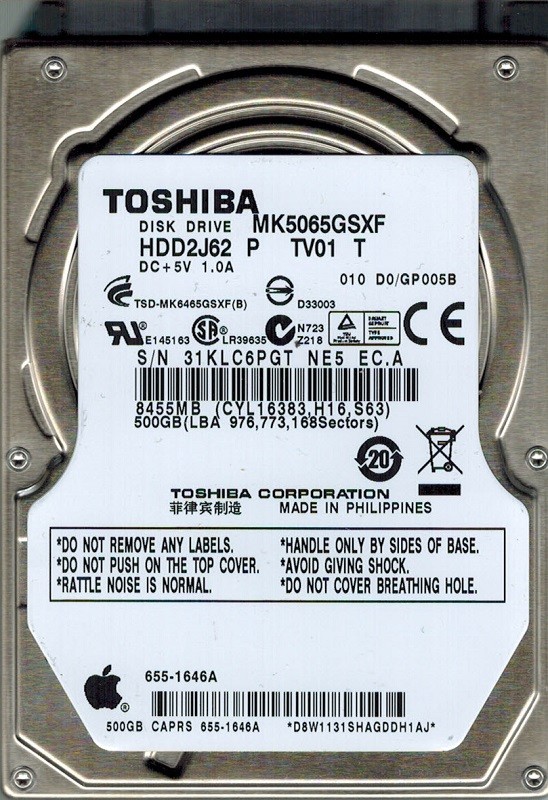 Toshiba MK5065GSXF HDD2J62 P TV01 T MAC 655-1646A PHILIPPINES