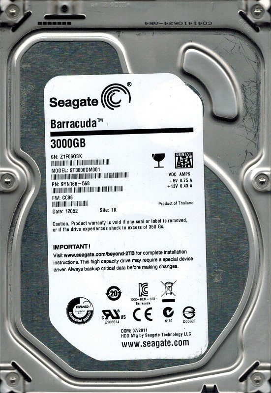 Seagate ST3000DM001 P/N: 9YN166-568 F/W: CC96 3TB TK