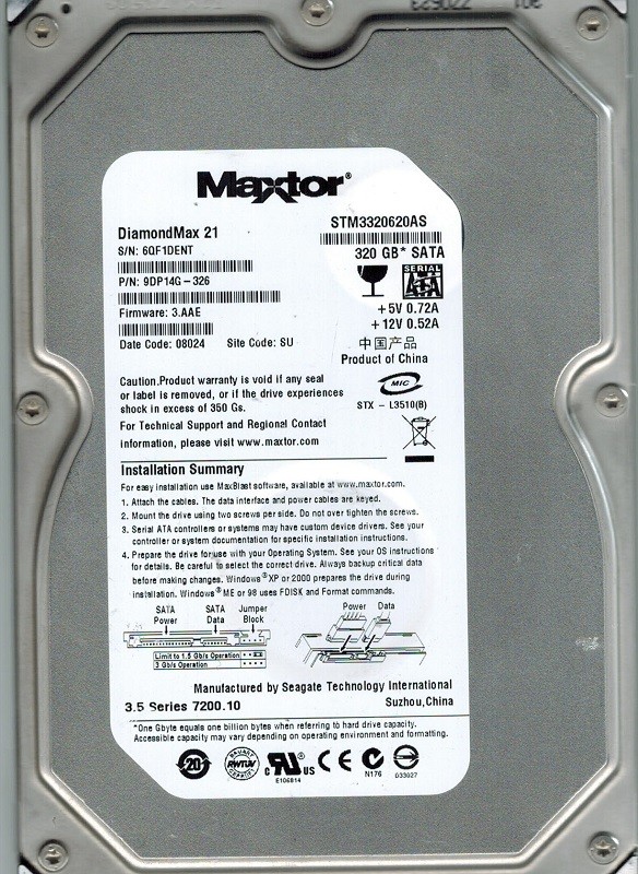 Maxtor STM3320620AS P/N:9DP14G-326 F/W: 3.AAE 320GB SU Seagate