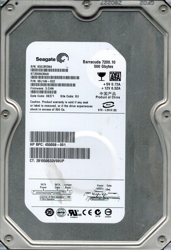 Seagate ST3500630AS 500GB P/N: 9BJ146-022 F/W: 3.CHN SU