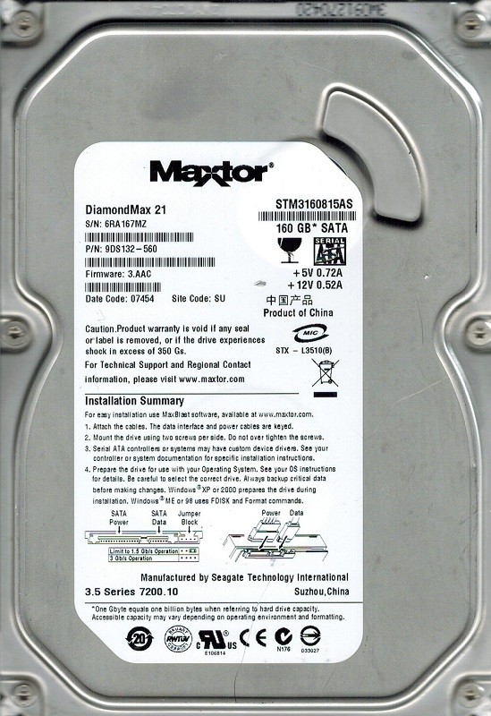 Maxtor STM3160815AS P/N: 9DS132-560 F/W: 3.AAC 160GB SU Seagate