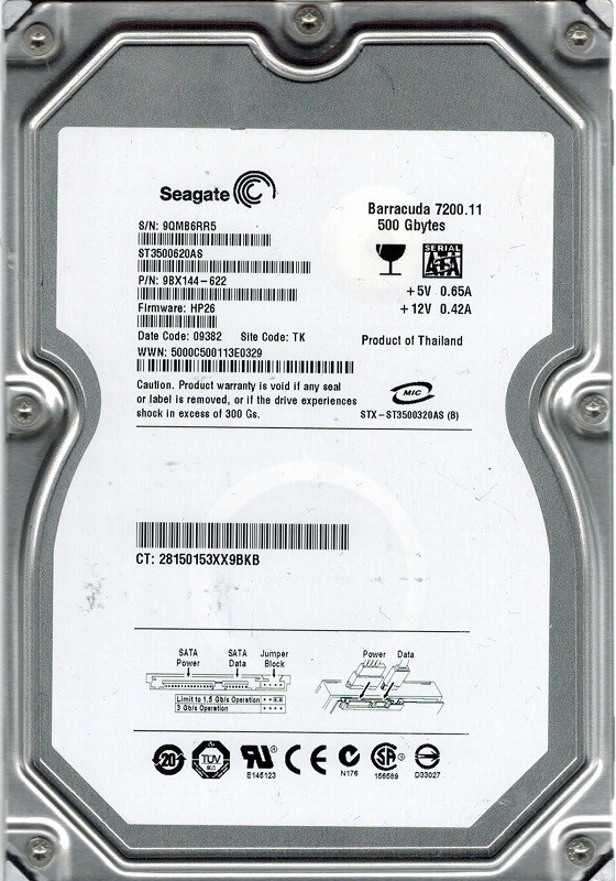 ST3500620AS Seagate P/N: 9BX144-622 F/W: HP26 TK 500GB 9QM