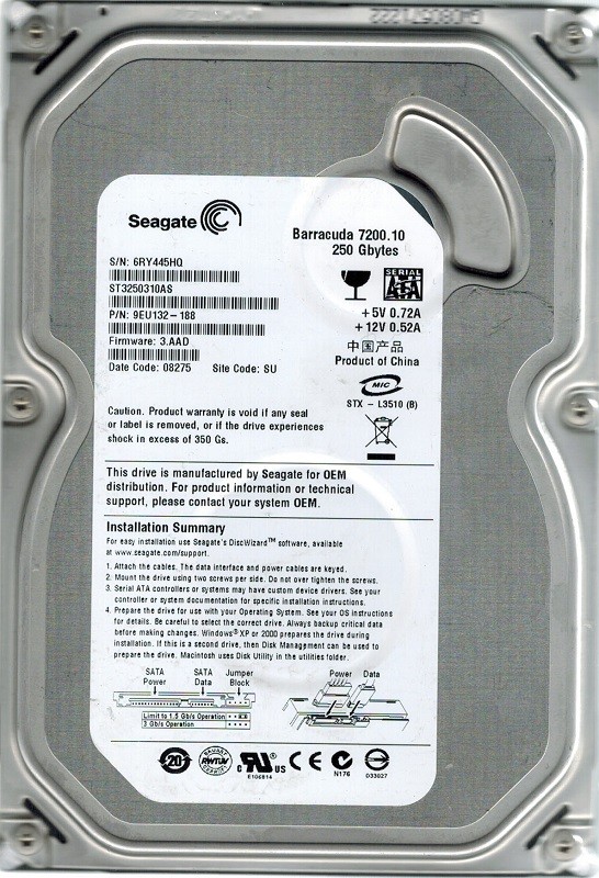 Seagate ST3250310AS P/N: 9EU132-188 F/W: 3.AAD 250GB SU