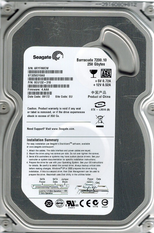 Seagate ST3250310AS F/W: 4.AAA P/N: 9EU132-310 SU 250GB