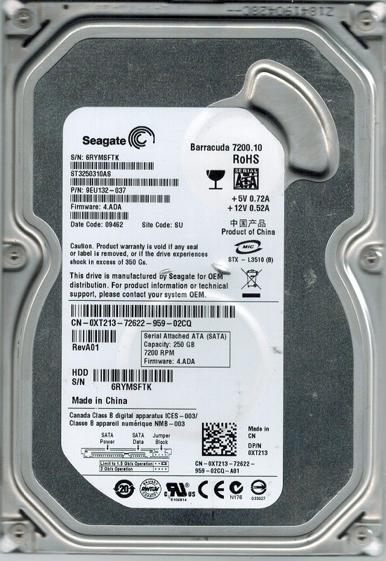 Seagate ST3250310AS P/N: 9EU132-037 F/W: 4.ADA 250GB SU