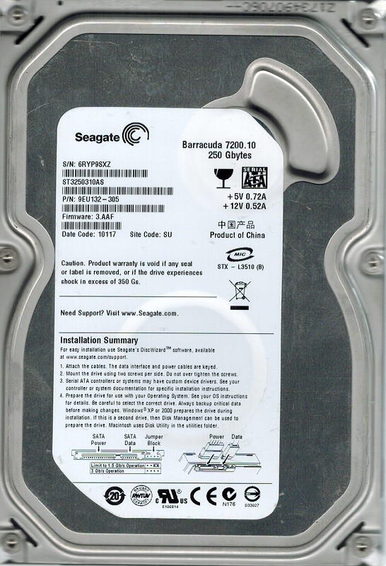 Seagate ST3250310AS P/N: 9EU132-305 F/W: 3.AAF 250GB SU