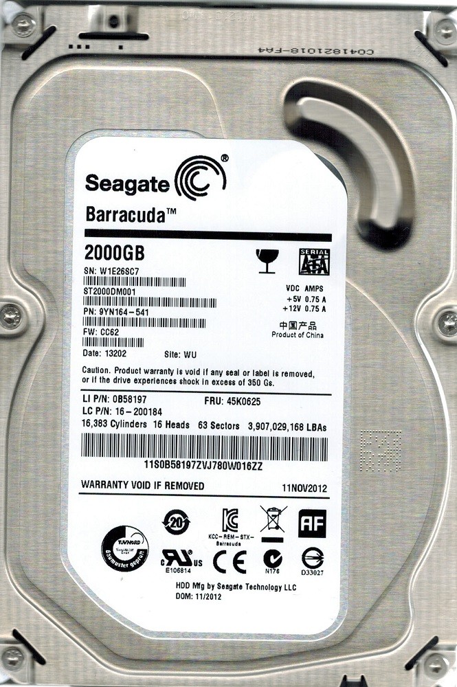 Seagate ST2000DM001 P/N: 9YN164-541 F/W: CC62 2TB WU W1E2