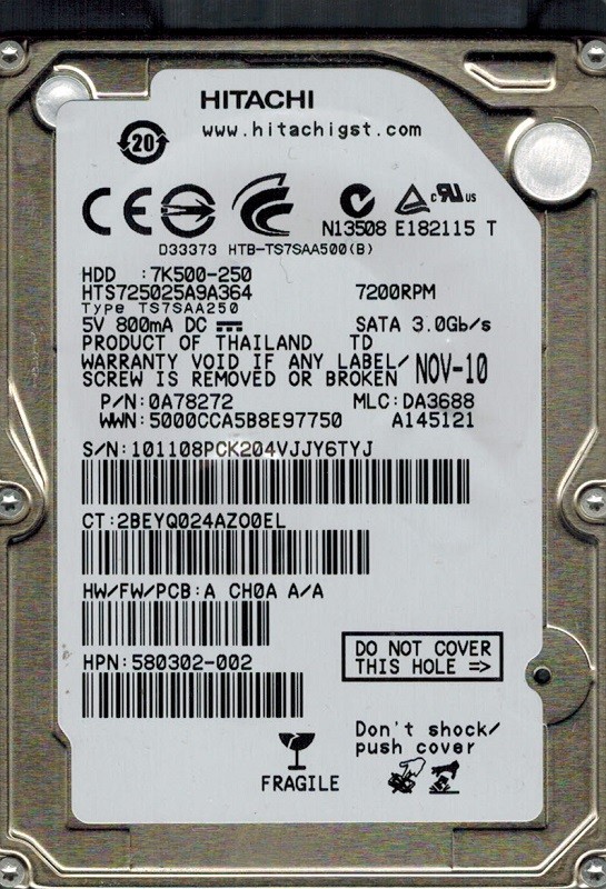Hitachi HTS725025A9A364 P/N: 0A78272 MLC: DA3688 250GB Thailand
