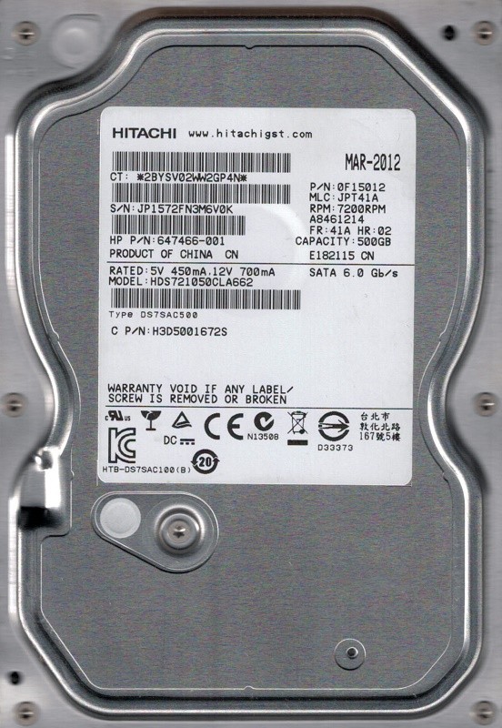 Hitachi HDS721050CLA662 500GB P/N: 0F15012 MLC: JPT41A