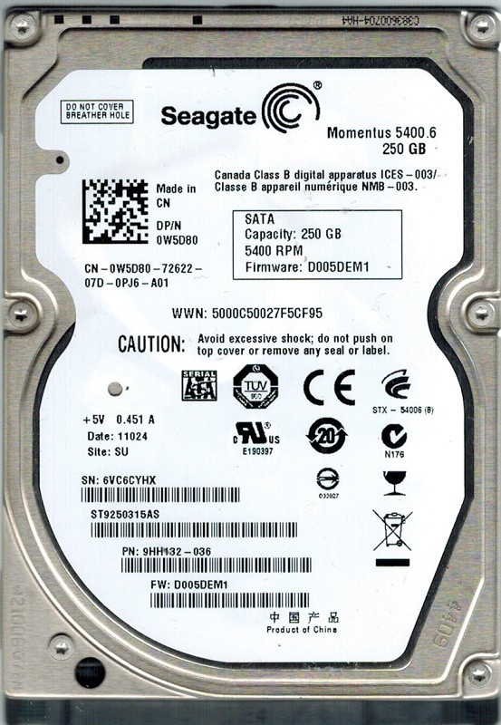 Seagate ST9250315AS P/N: 9HH132-036 250GB F/W: D005DEM1 SU