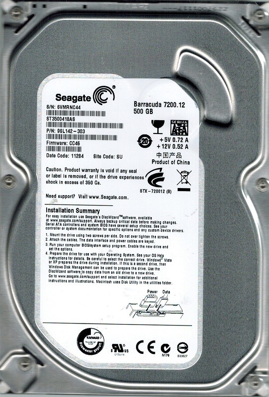 Seagate ST3500418AS P/N: 9SL142-303 F/W: CC46 500GB SU