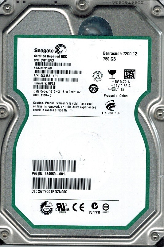 Seagate ST3750528AS P/N: 9SL153-621 F/W: HP22 750GB SZ