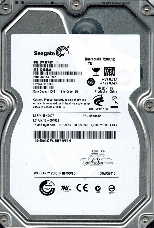 Seagate ST31000528AS P/N: 9SL154-542 F/W: CC66 1TB SU