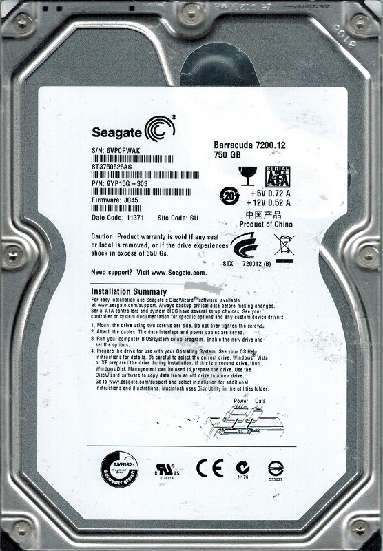 Seagate ST3750525AS P/N: 9YP15G-303 F/W: JC45 750GB SU