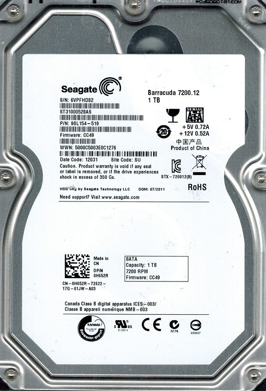 Seagate ST31000528AS F/W: CC49 P/N: 9SL154-519 SU 1TB