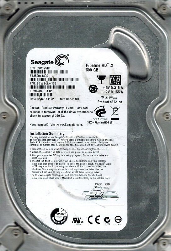 Seagate ST3500414CS P/N: 9GW142-160 F/W: CA12 SU 500GB