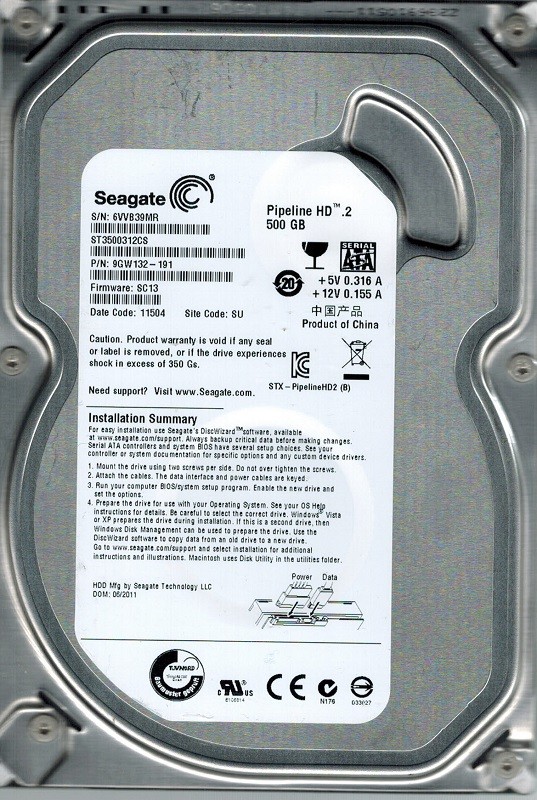 Seagate ST3500312CS P/N: 9GW132-191 F/W: SC13 500GB SU