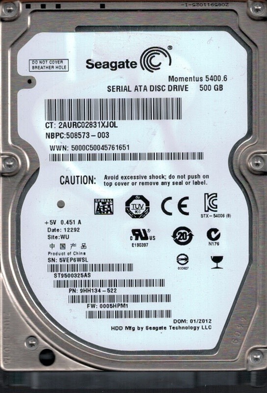 Seagate ST9500325AS P/N: 9HH134-522 F/W: 0005HPM1 500GB WU