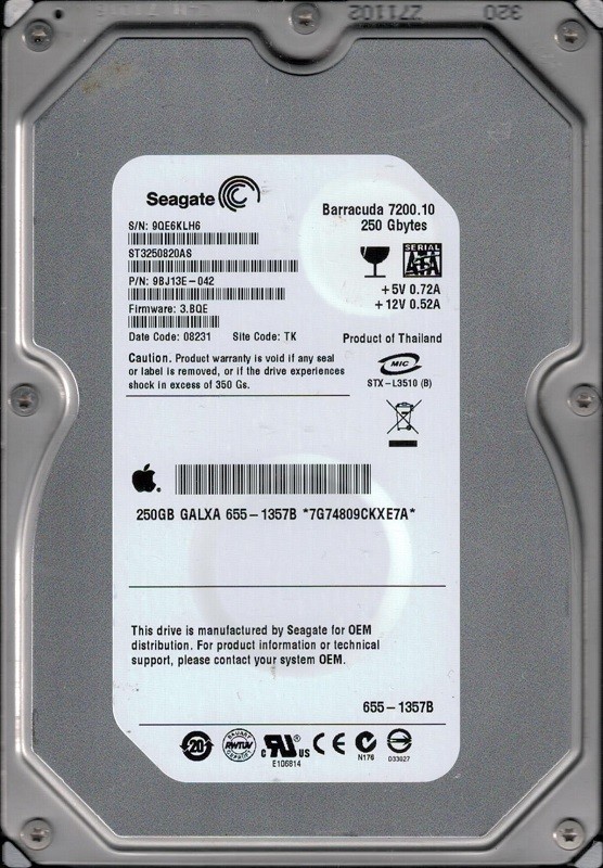 ST3250820AS P/N: 9BJ13E-042 F/W: 3.BQE TK 9QE MAC 655-1357B Seagate 250GB