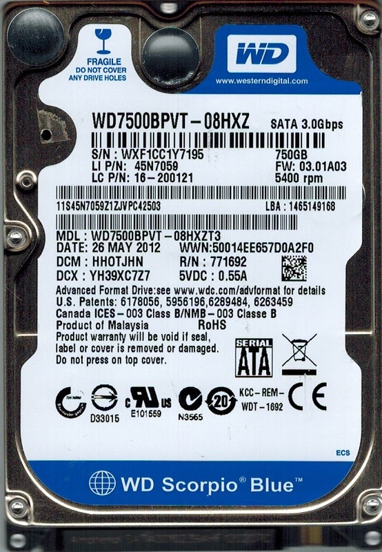 Western Digital WD7500BPVT-08HXZT3 750GB DCM: HHOTJHN