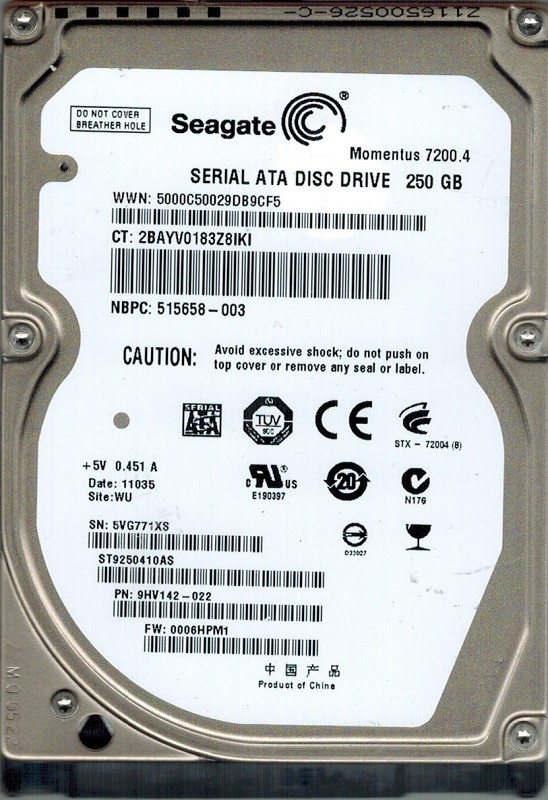 Seagate ST9250410AS 250GB P/N: 9HV142-022 F/W: 0006HPM1 WU