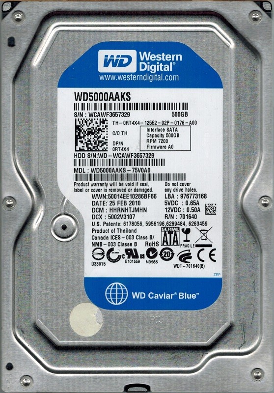 Western Digital WD5000AAKS-75V0A0 500GB DCM: HHRNHTJMHN