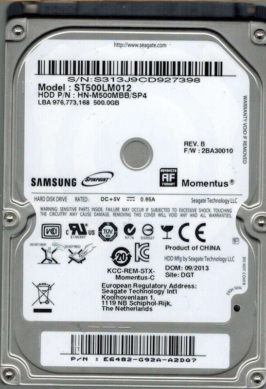 Samsung ST500LM012 HN-M500MBB/SP4 P/N: E6482-G92A-A2DQ7 500GB