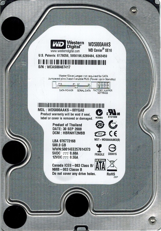 Western Digital WD5000AAKS-00YGA0 500GB DCM: HBRNHT2MBB
