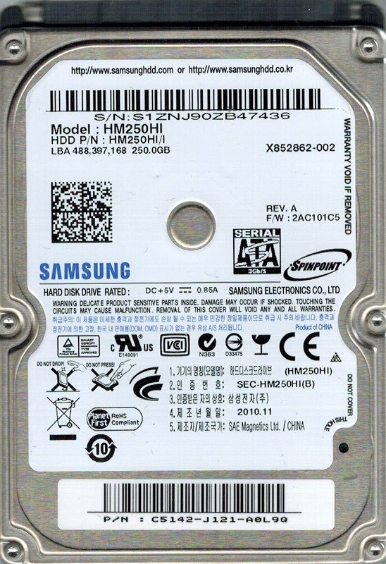 Samsung HM250HI/I SPINPOINT P/N: C5142-J121-A26X5 F/W: 2AC101C5 250GB