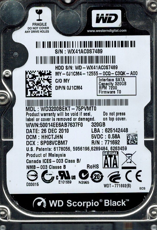 Western Digital WD3200BEKT-75PVMT0 320GB DCM: HHCTJHN
