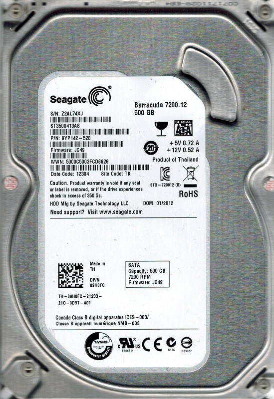 Seagate ST3500413AS P/N: 9YP142-520 F/W: JC49 500GB TK