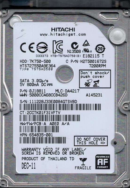Hitachi HTS727550A9E364 MLC: DA4217 P/N: 0J18811 500GB