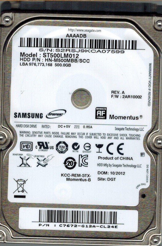 Samsung ST500LM012 HN-M500MBB/SCC P/N: C7672-G12A-CL24E F/W: 2AR10002